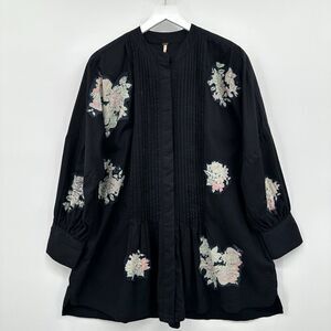 Free People Mari Mini Dress XS Oversize Black Combo Floral‎ Pintuck Boho Gypsy